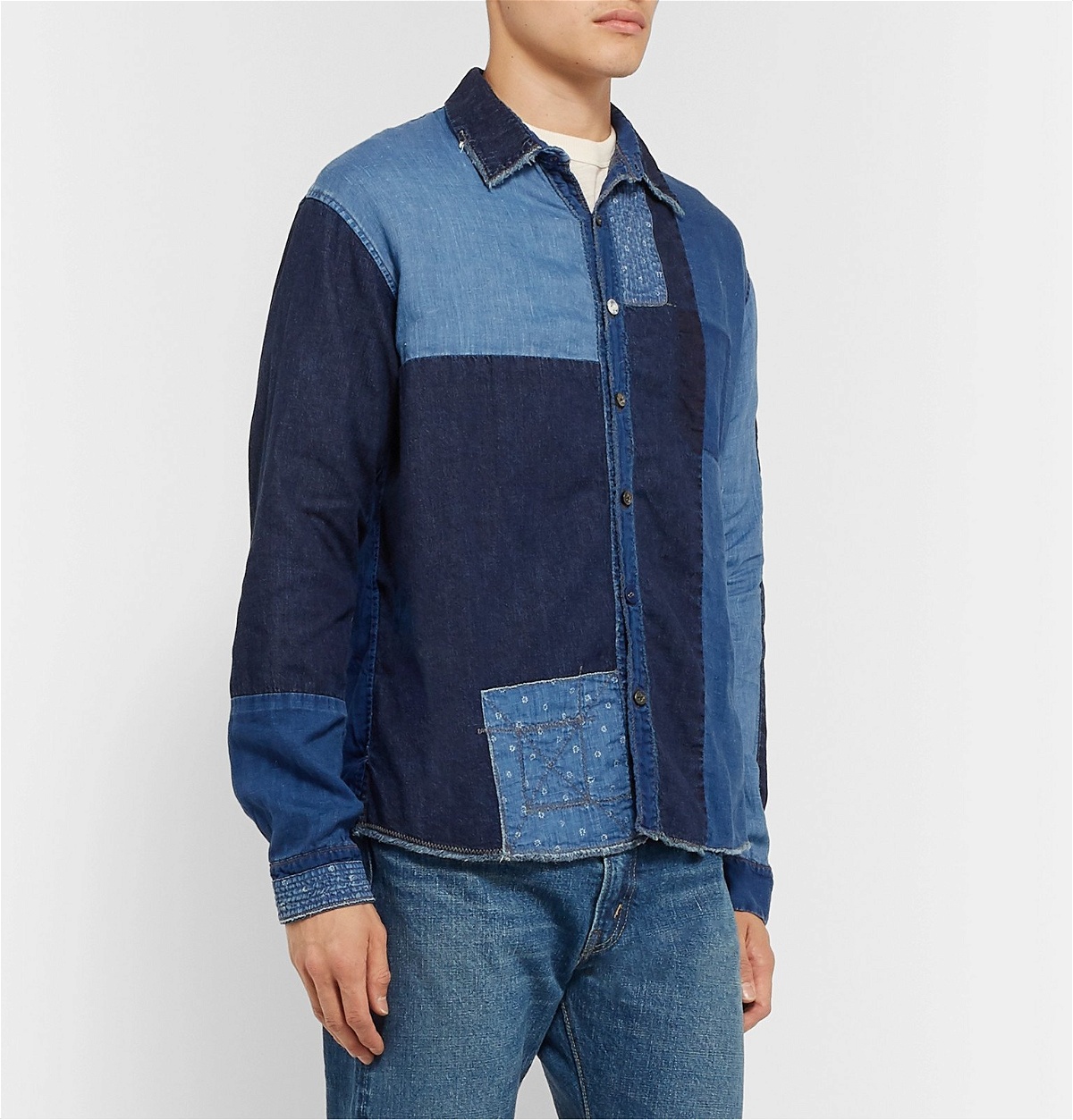 KAPITAL - Distressed Patchwork Linen and Cotton-Blend Chambray Shirt - Blue  KAPITAL