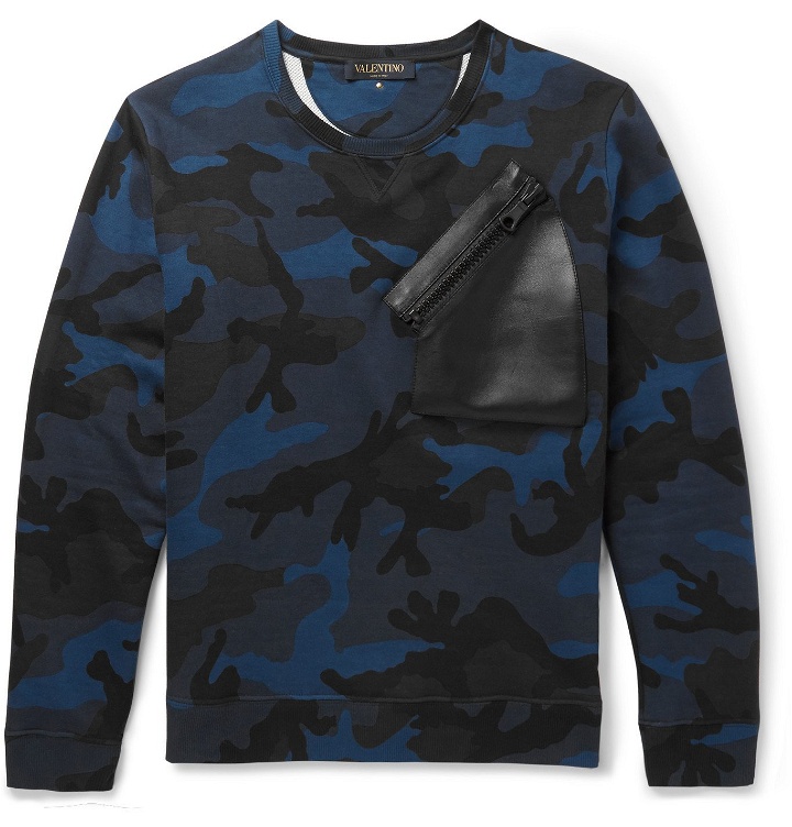 Photo: VALENTINO - Leather-Trimmed Camo Cotton-Blend Jersey Sweatshirt - Blue
