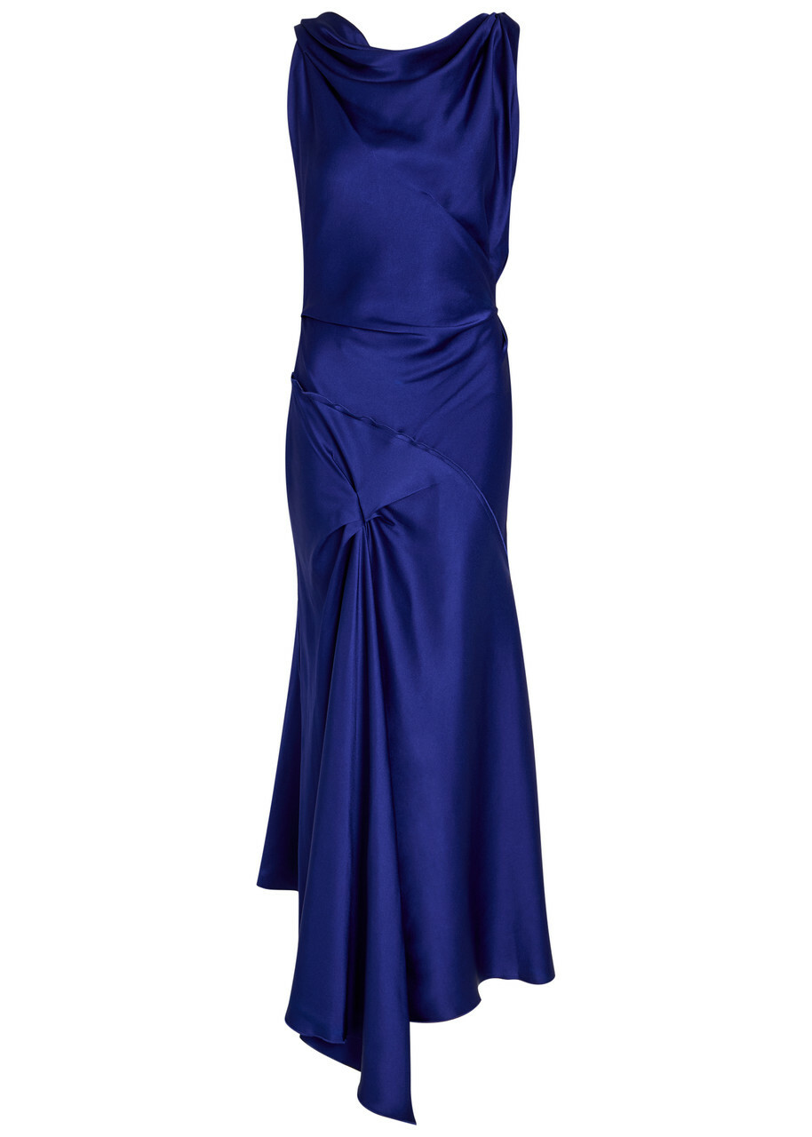 Victoria Beckham Posy Asymmetric Satin Maxi Dress Indigo