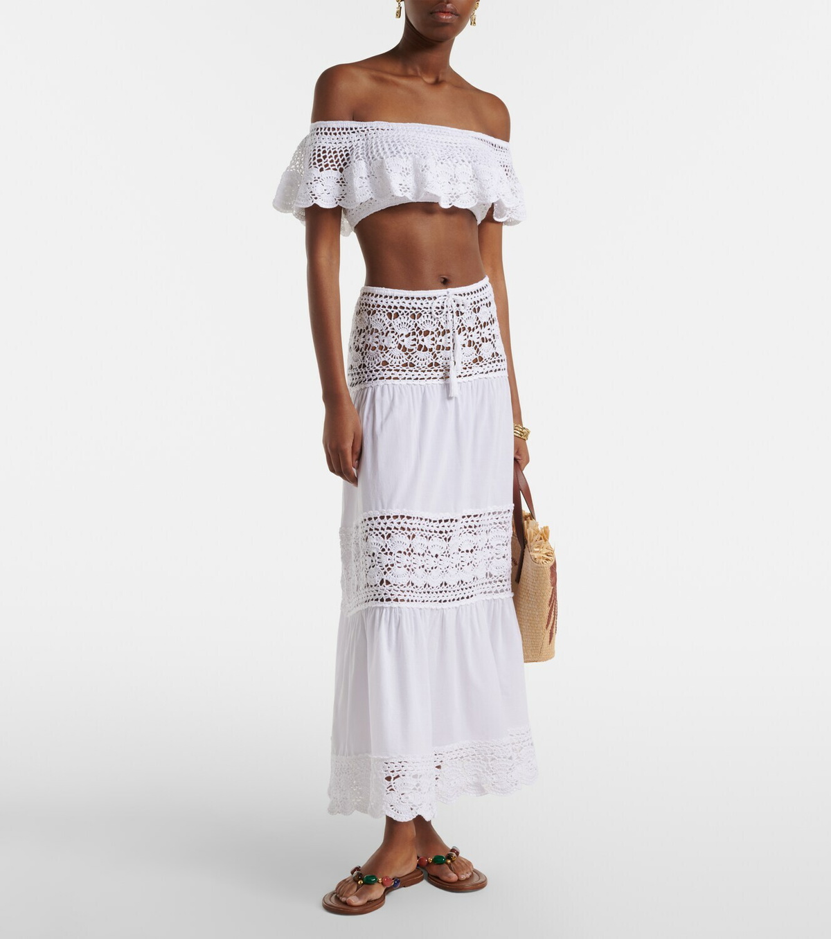 Anna Kosturova Crochet off-shoulder cotton crop top