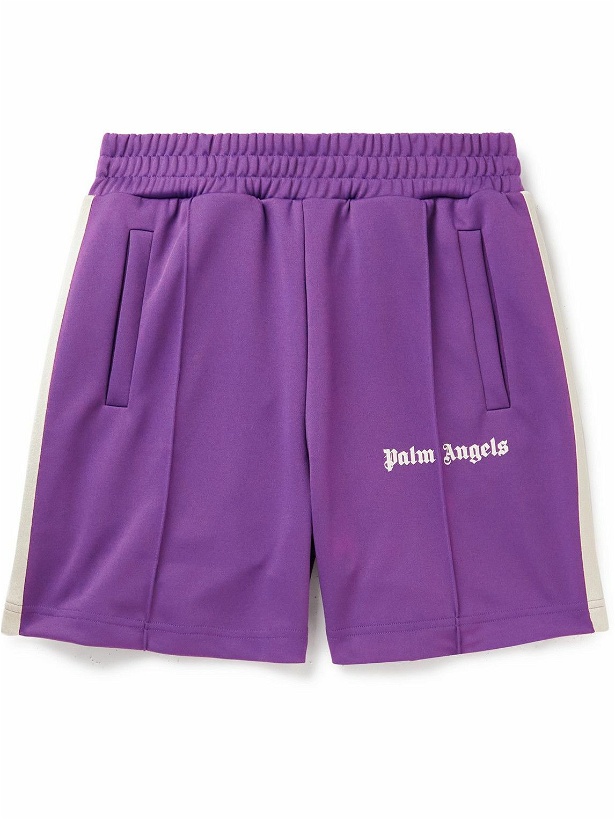 Photo: Palm Angels - Straight-Leg Striped Logo-Print Tech-Jersey Shorts - Purple