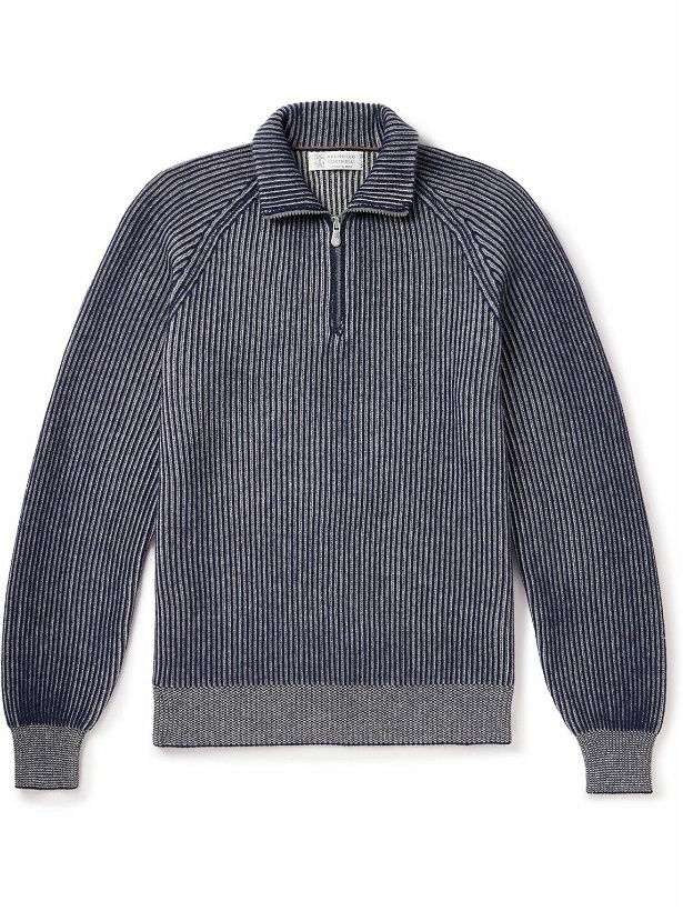 Photo: Brunello Cucinelli - Striped Ribbed Cashmere Half-Zip Sweater - Blue