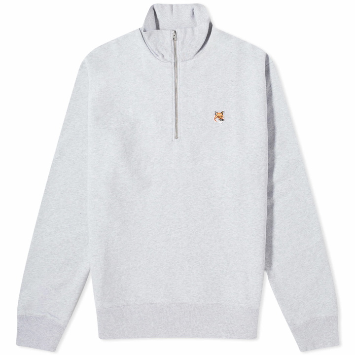 Photo: Maison Kitsuné Men's Fox Head Patch Half Zip Sweat in Light Grey Melange