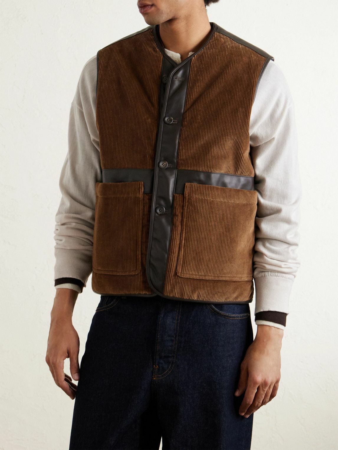 Drake's - Padded Leather-Trimmed Cotton-Corduroy Gilet - Brown