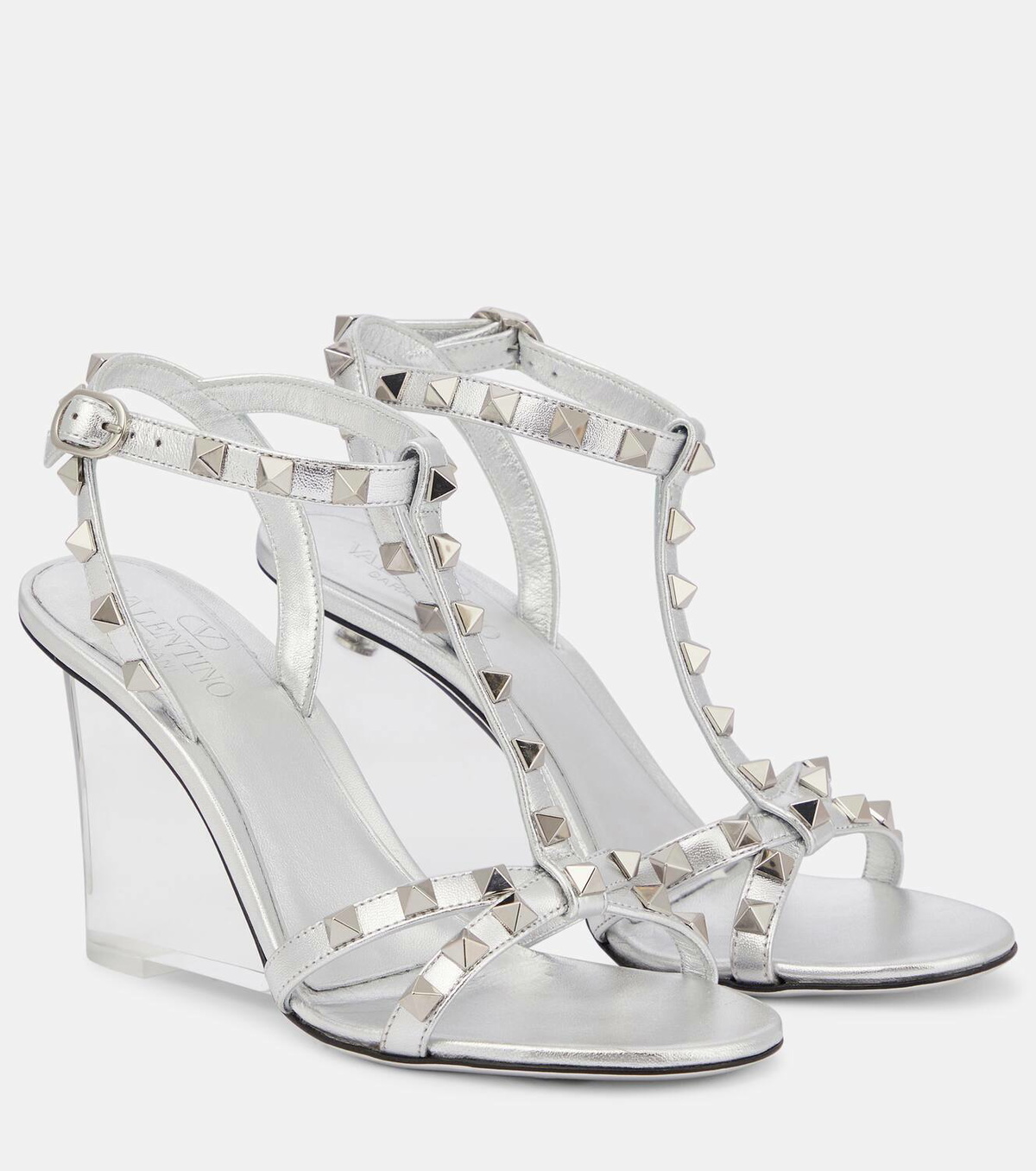 Valentino Garavani Rockstud leather and PVC wedge sandals