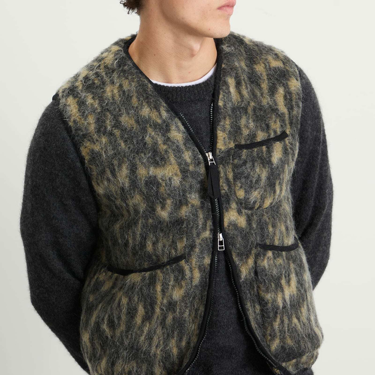 Universal Works Men's Dolce Fleece Zip Gilet in Charcoal