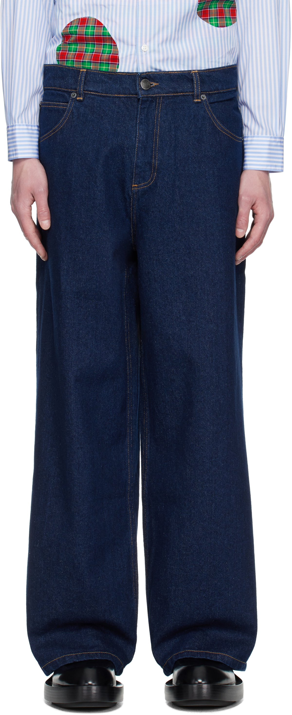 Charles Jeffrey LOVERBOY Blue Wide Leg Knit Patch Jeans