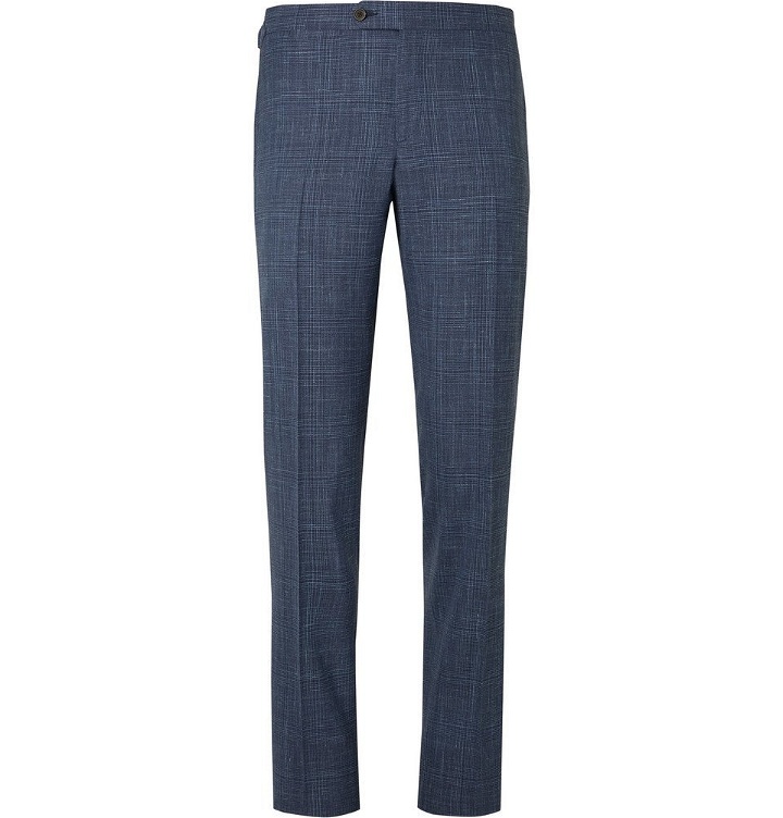 Photo: Thom Sweeney - Blue Slim-Fit Checked Wool, Silk and Linen-Blend Suit Trousers - Blue