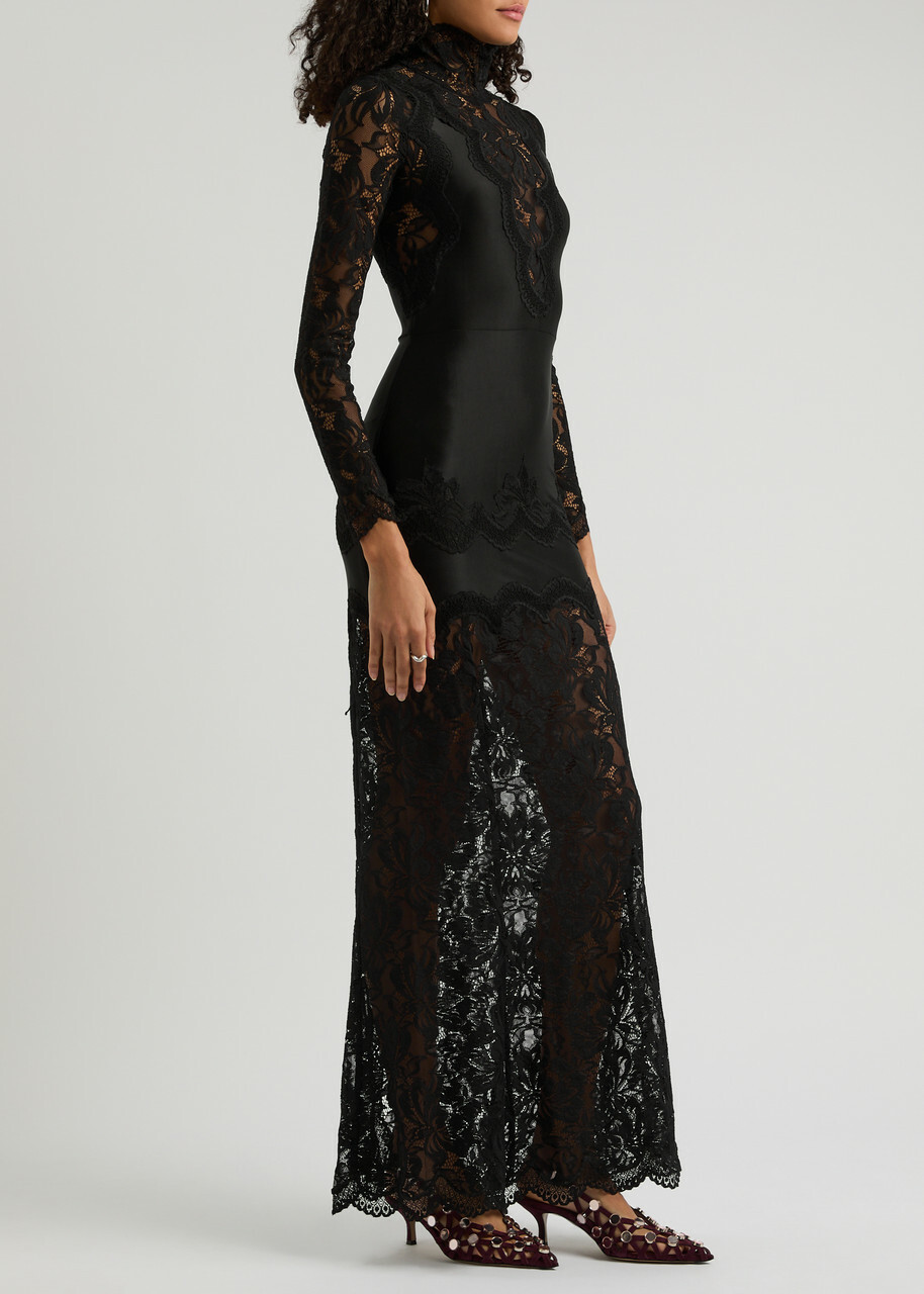 ワンピース RABANNE SATIN AND LACE LONG DRESS Rabanne Panelled Lace and Satin Maxi Dress Black Paco Rabanne