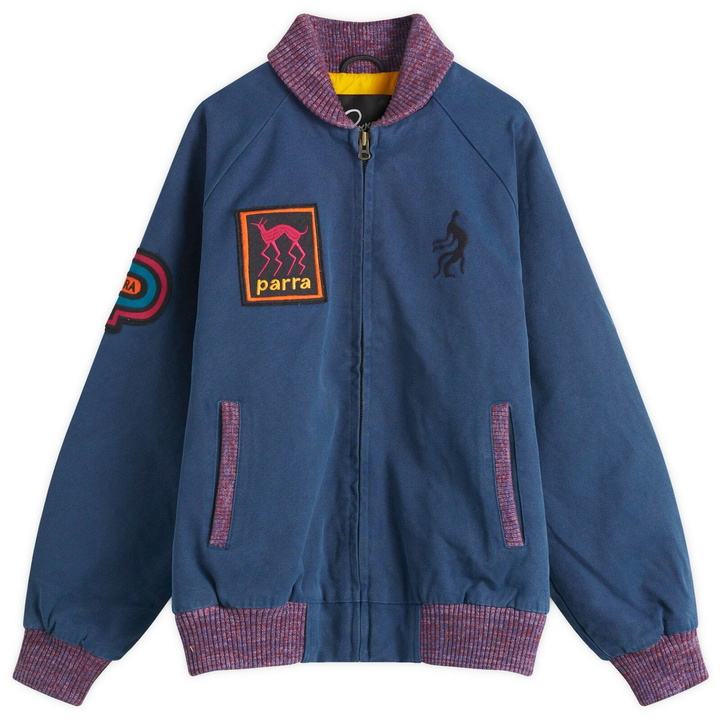 Photo: By Parra Men's Skull Stalker Varsity Jacket in Washed Blue