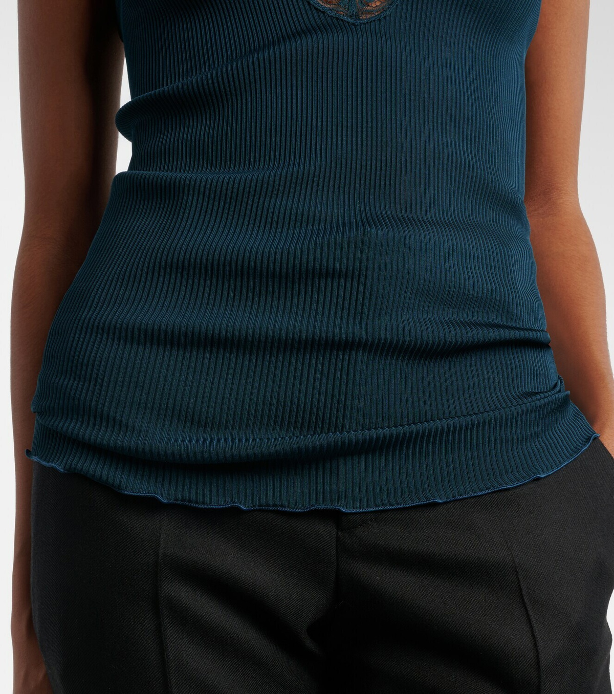 Saint Laurent Lace-trimmed ribbed-knit silk tank top