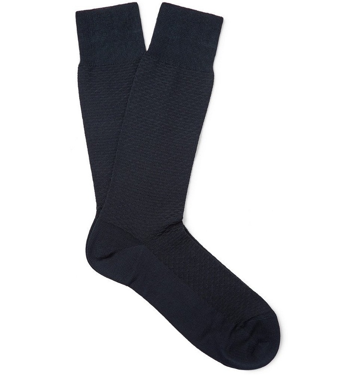 Photo: Ermenegildo Zegna - Textured Stretch Cotton-Blend Socks - Men - Navy