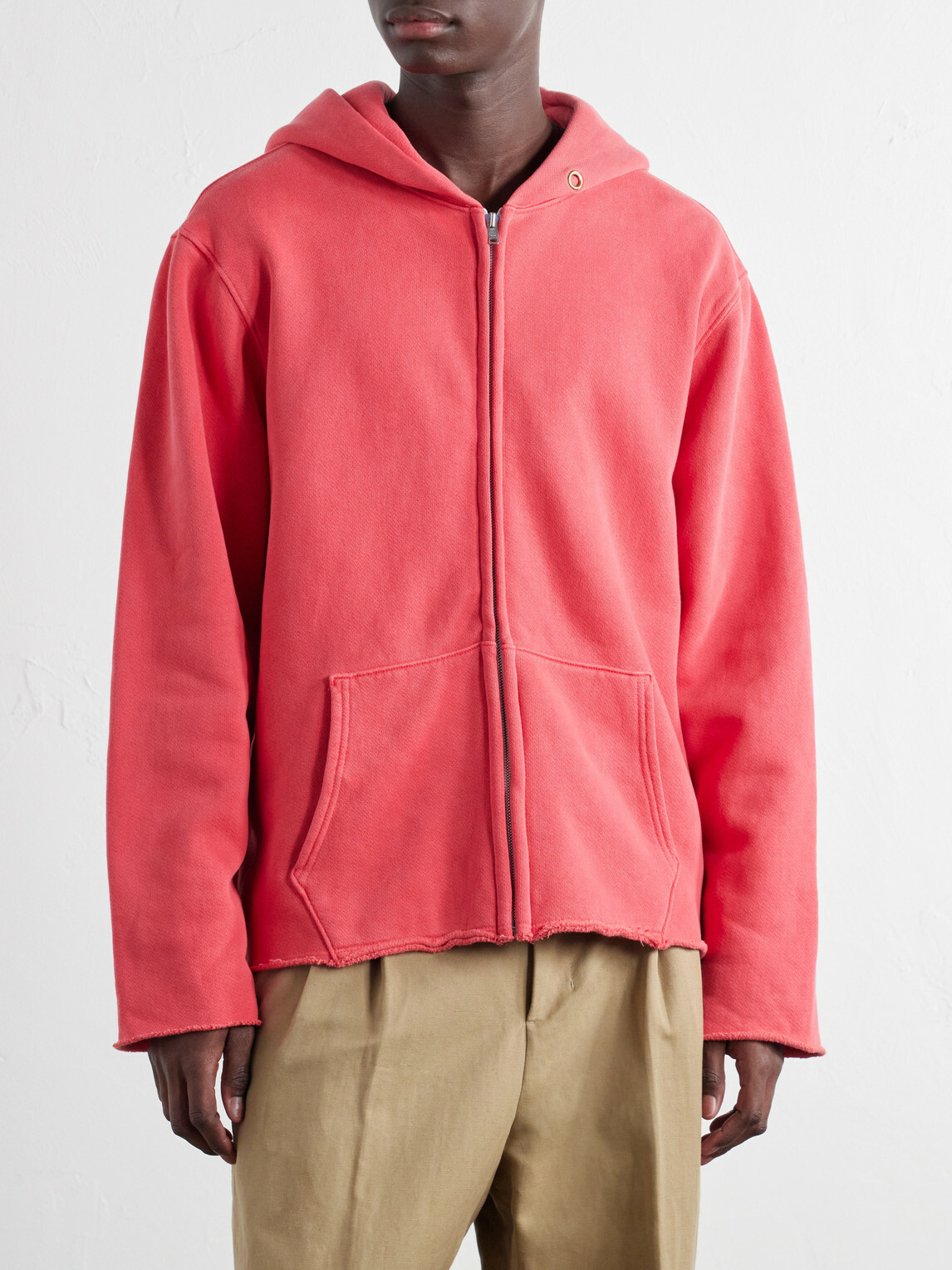 Les Tien - Garment-Dyed Distressed Cotton-Jersey Zip-Up Hoodie - Red