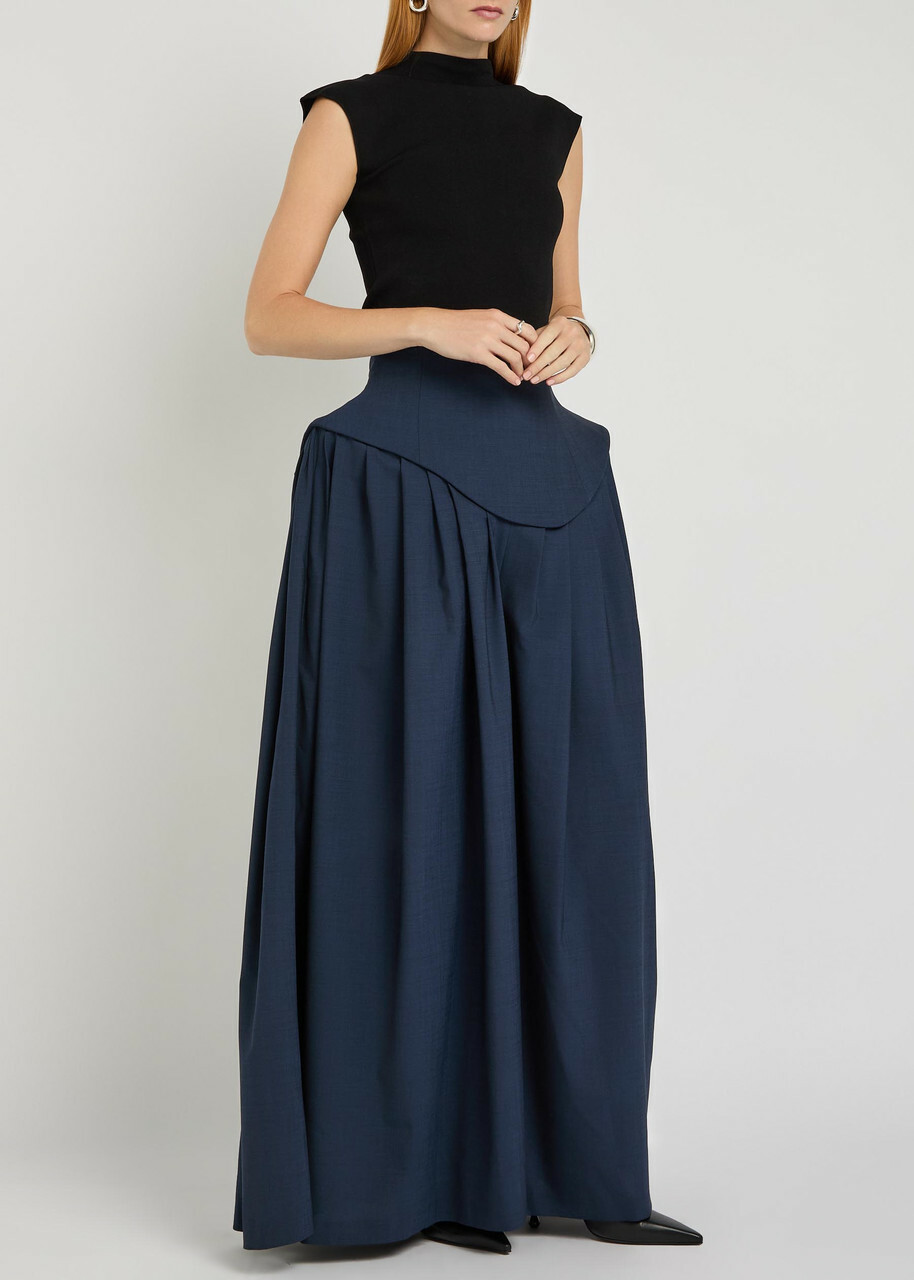 A.W.A.K.E Mode Basque Pleated Wide-leg Wool-blend Trousers Navy