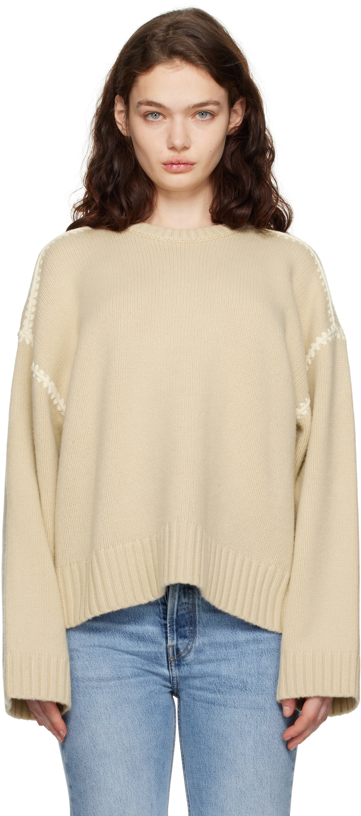 TOTEME Beige Embroidered Wool Cashmere Knit Sweater Toteme