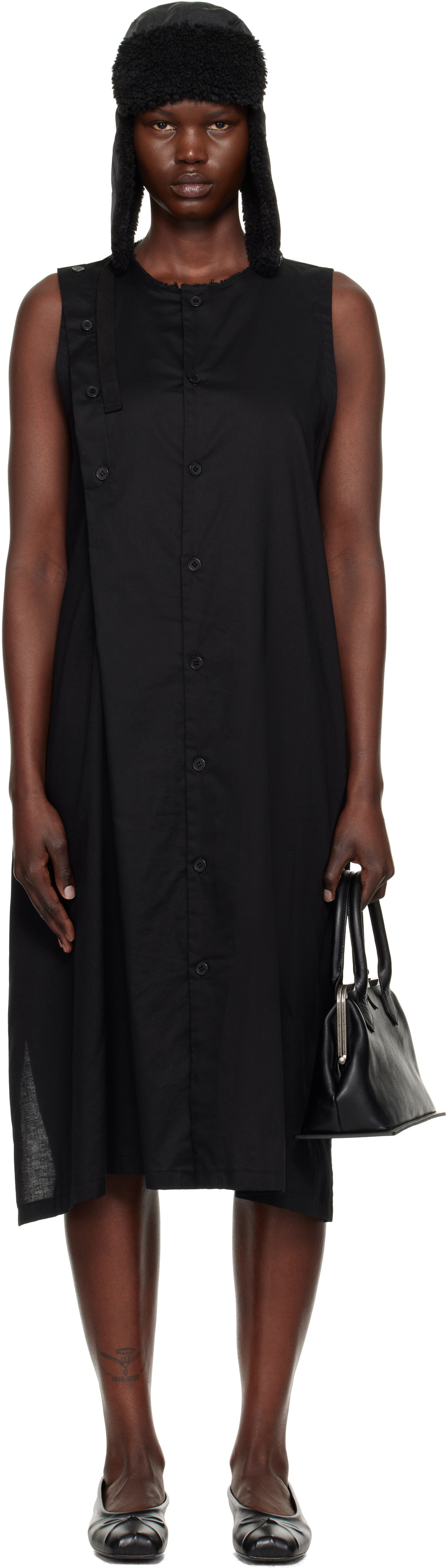 Y's Black S-Asymmetric Button Midi Dress