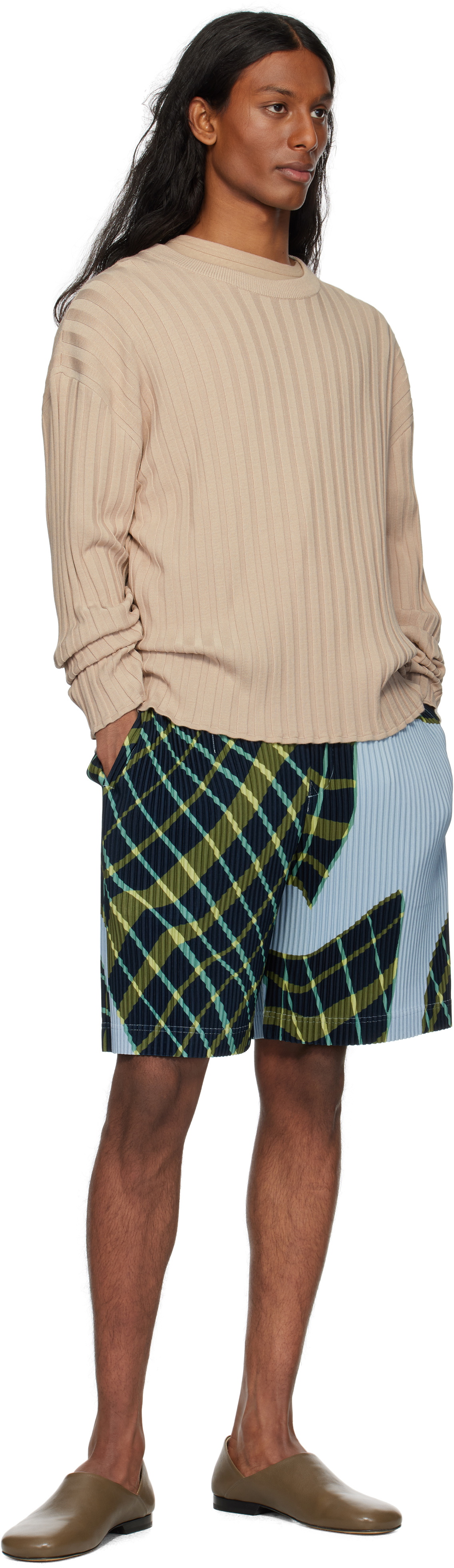 HOMME PLISSÉ ISSEY MIYAKE Blue & Green Windswept Plaid Shorts