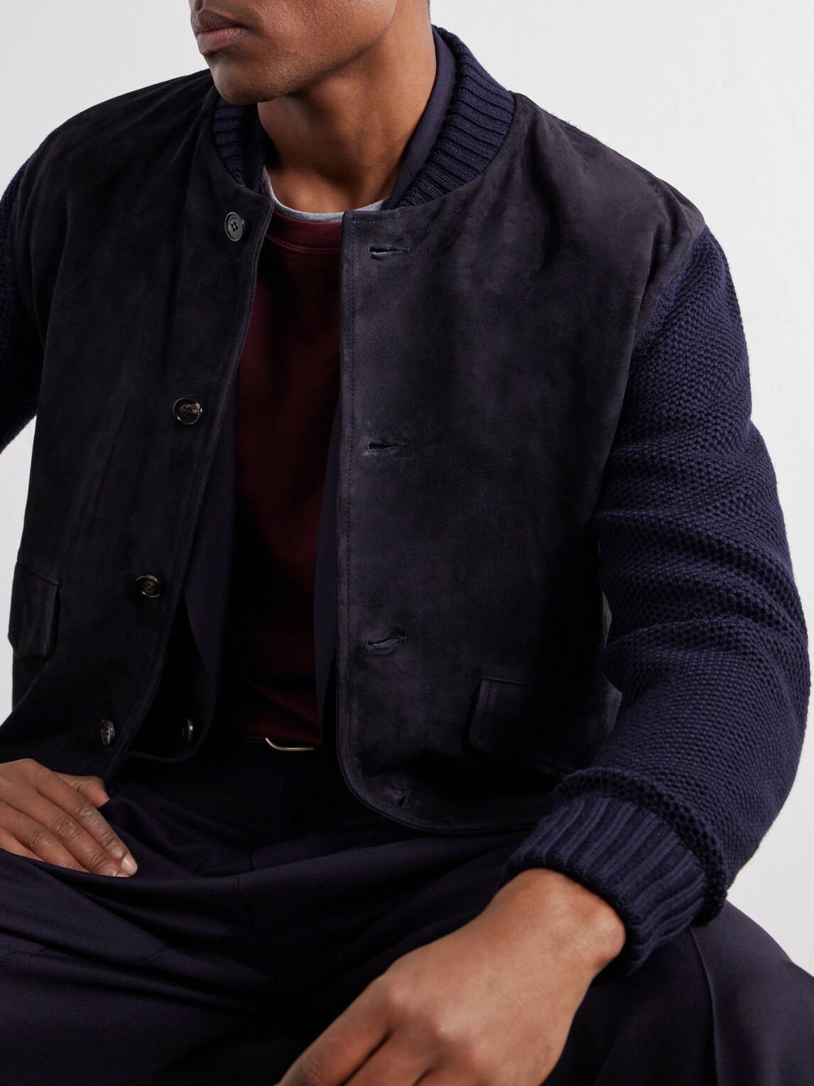 Slowear - Zanone Slim-Fit Suede and Honeycomb-Knit Virgin Wool Bomber Jacket - Blue