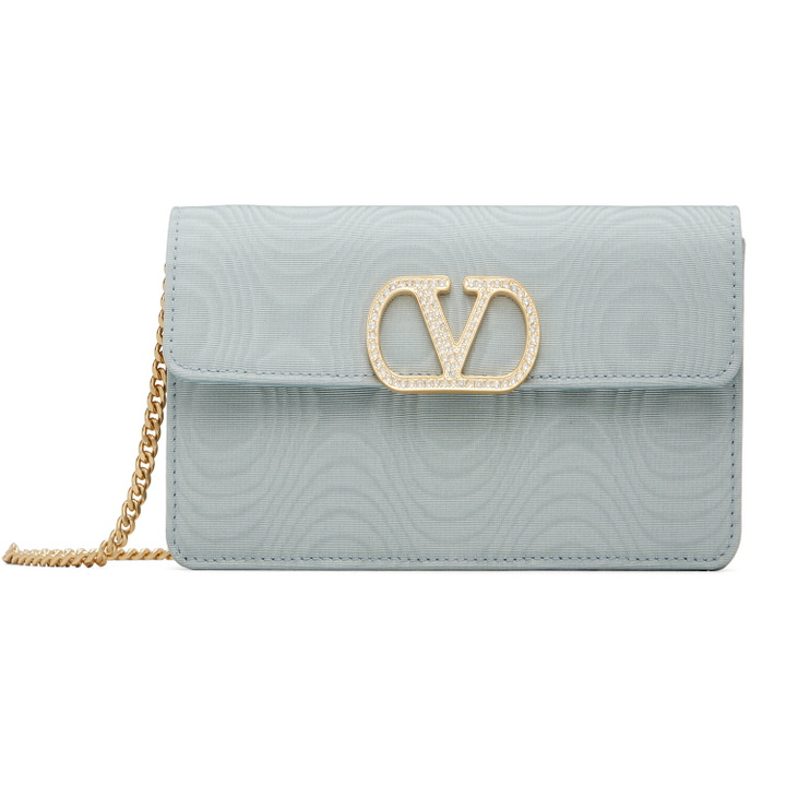 Photo: Valentino Garavani Blue VLogo Signature Chain Moiré Fabric Wallet Bag