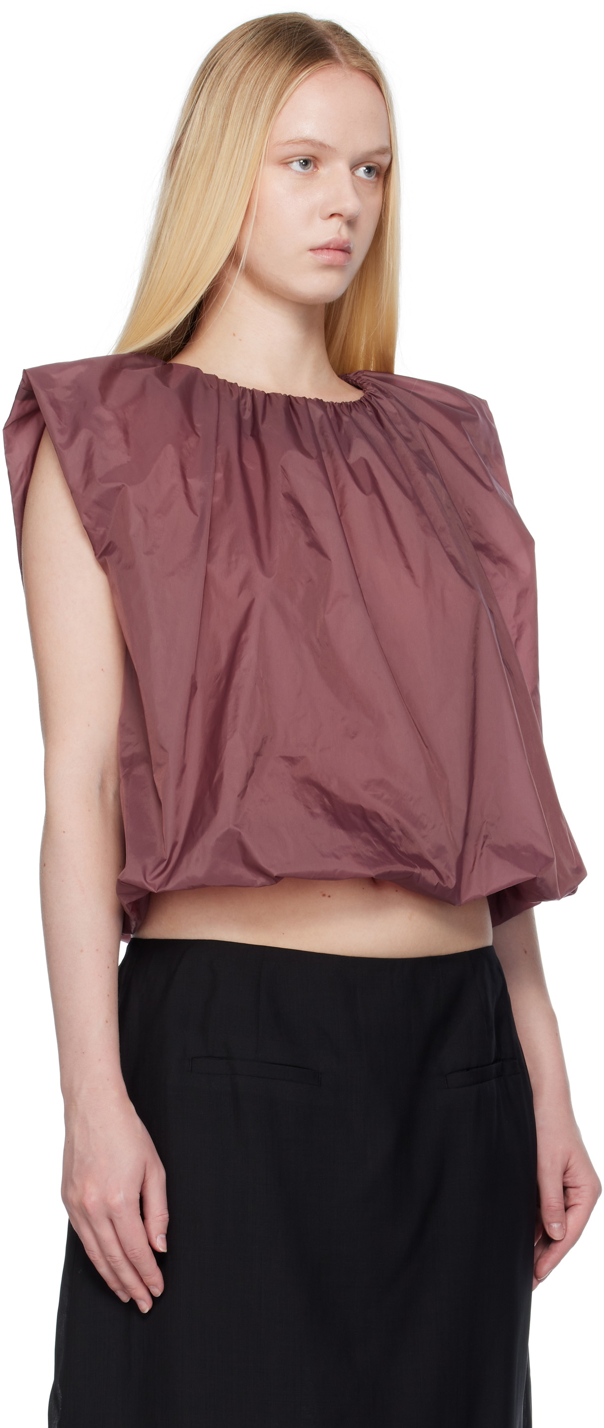 AMOMENTO Purple Nylon Volume Shirring Top