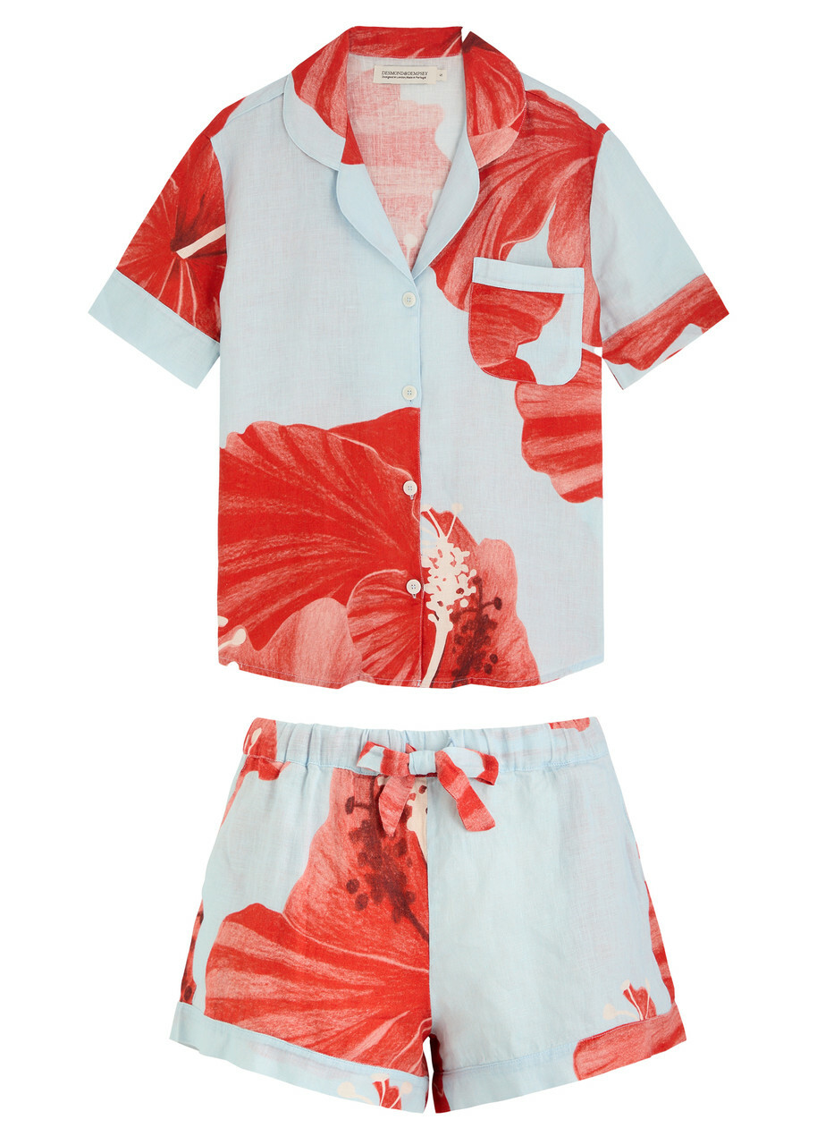 Desmond & Dempsey Floral-printed Linen Pyjama set Red