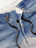 Greg Lauren - Straight-Leg Distressed Panelled Denim and Cotton-Jersey Drawstring Shorts - Blue
