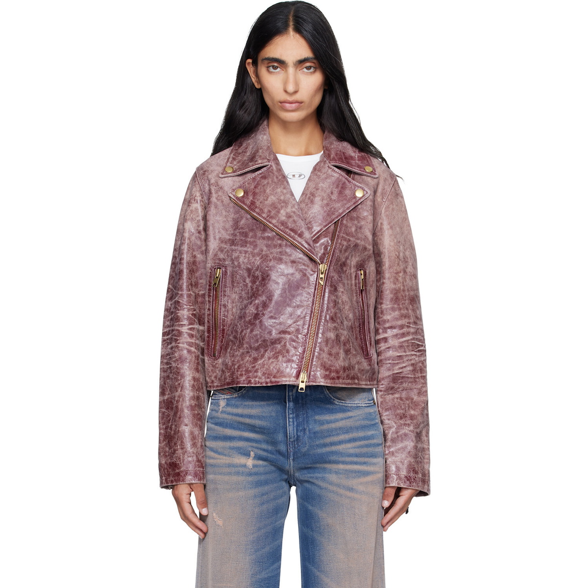 Diesel Pink Treated Leather Biker Jacket