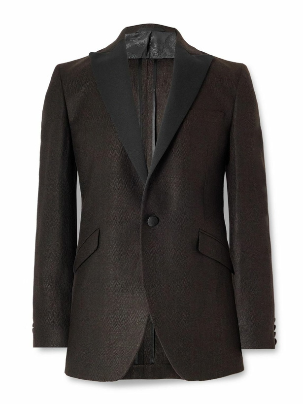 Photo: Favourbrook - Randwick Slim-Fit Faille-Trimmed Herringbone Linen and Silk-Blend Tuxedo Jacket - Brown