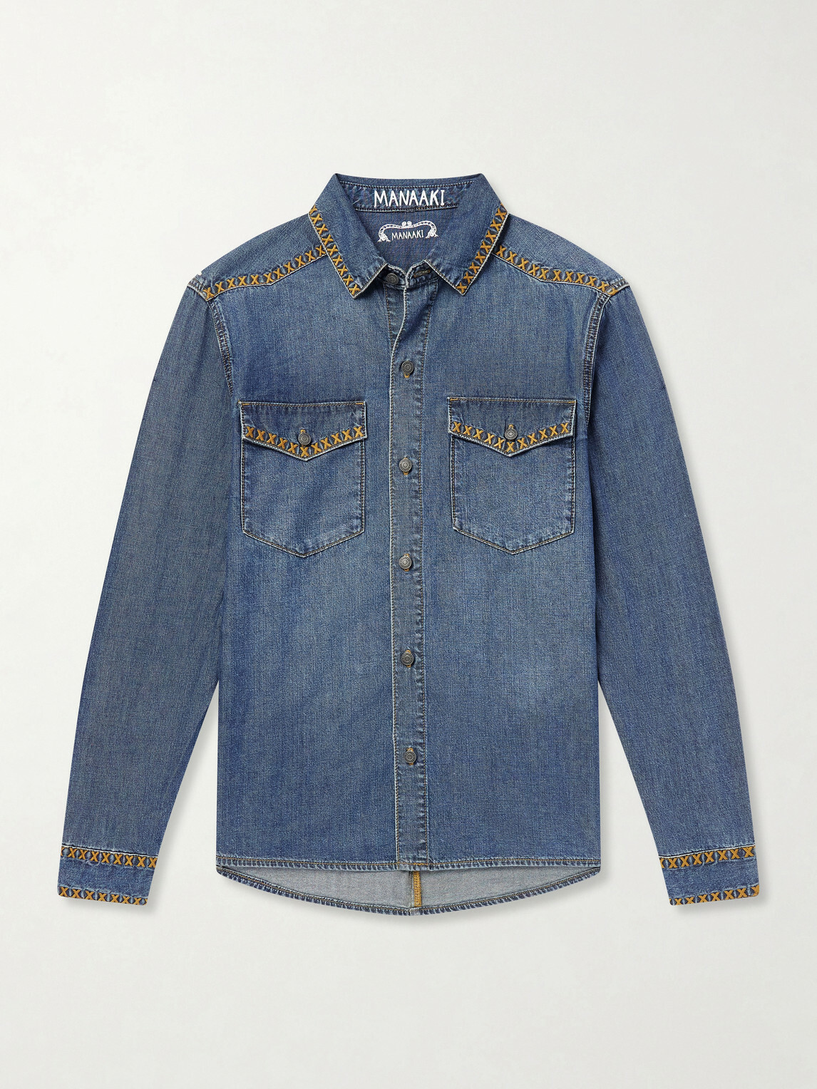 MANAAKI - Tukutuku Embroidered Denim Shirt - Blue