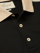 GUCCI - Logo-Jacquard Webbing-Trimmed Stretch-Cotton Piqué Polo Shirt - Black