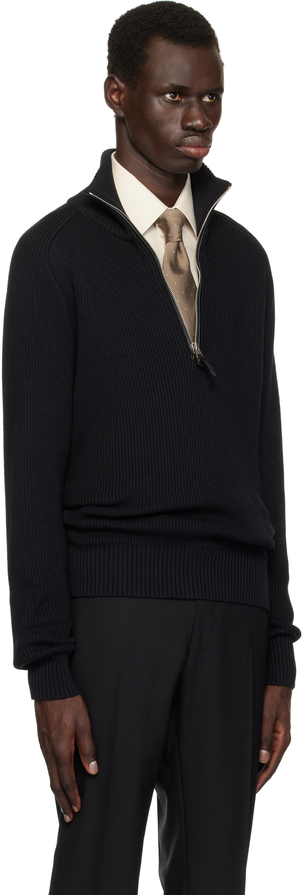 TOM FORD Black Silk Merino Rib Quarter Zip Sweater TOM FORD