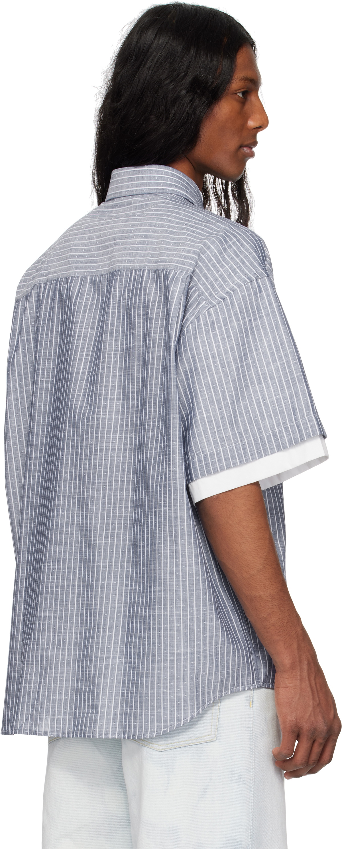 le PÈRE Navy Double Short Sleeve Button Down Shirt