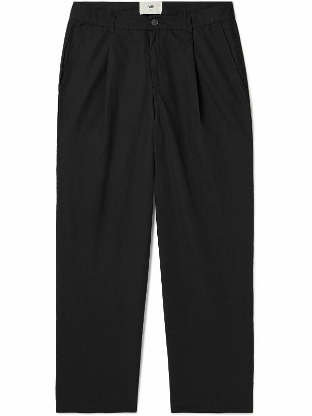 Photo: Folk - Pleated Cotton and Linen-Blend Twill Wide-Leg Trousers - Black