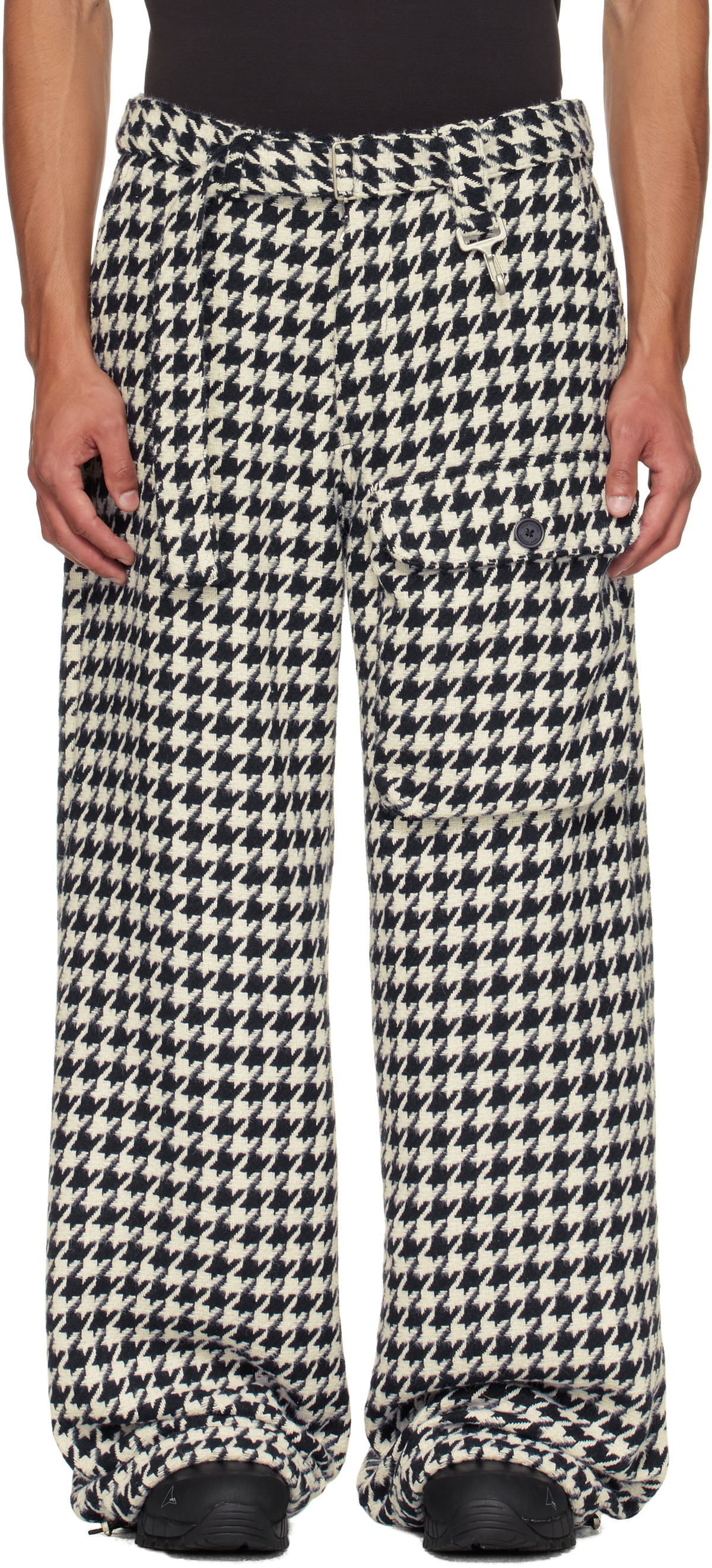 Reese Cooper Navy & White Houndstooth Patch Pocket Belted Trousers