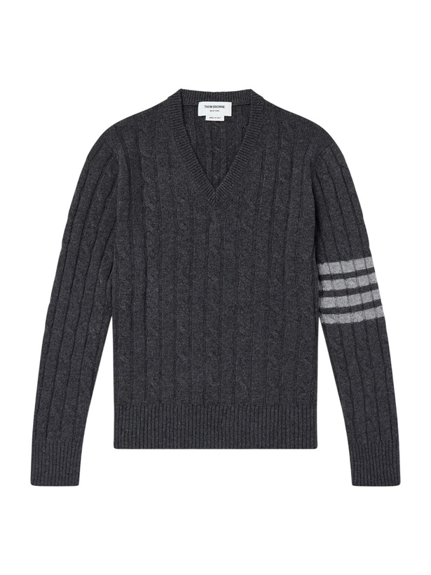 Photo: Thom Browne - 4-Bar Stripe Cable-Knit Cashmere Sweater - Gray