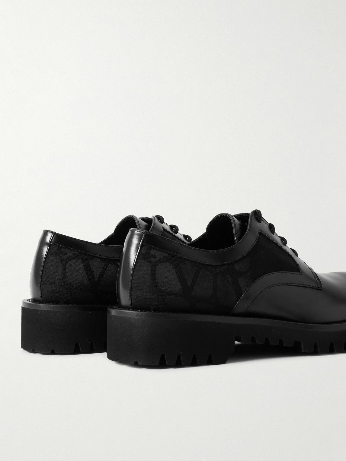 Valentino Garavani - Glossed-Leather and Logo-Jacquard Satin Derby Shoes - Black