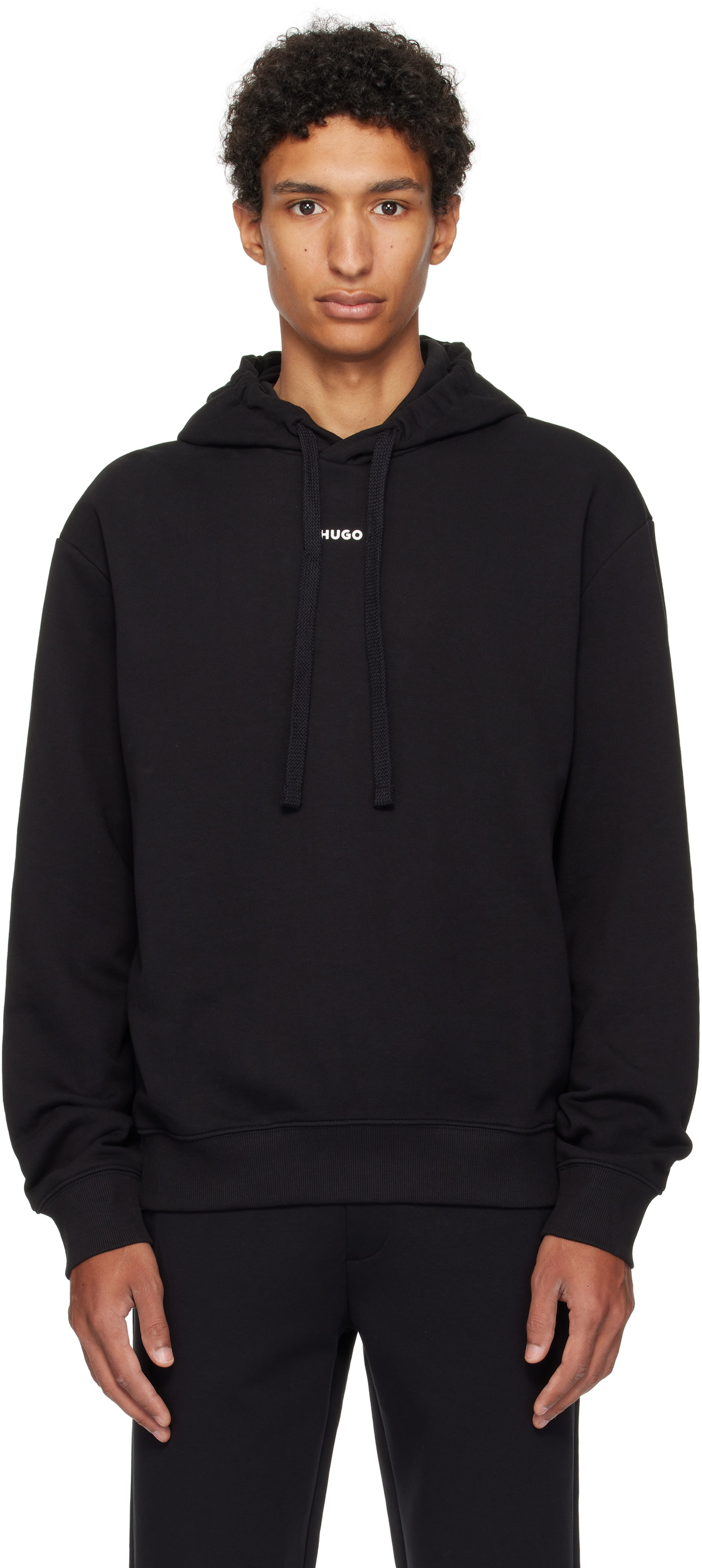 Hugo Black Cotton-Terry Relaxed-Fit Hoodie
