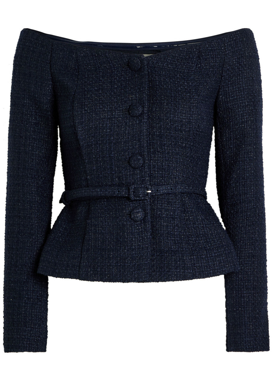 Roland Mouret Off-the-shoulder Bouclé top Navy