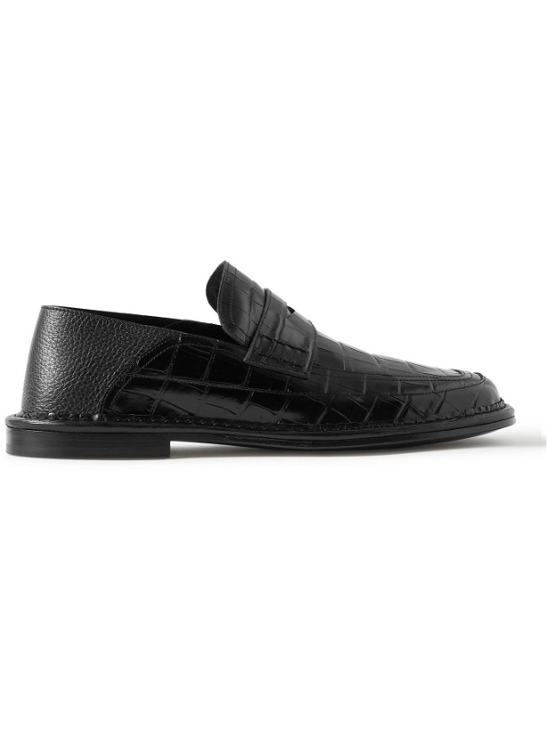 Photo: LOEWE - Collapsible-Heel Croc-Effect and Full-Grain Leather Penny Loafers - Black