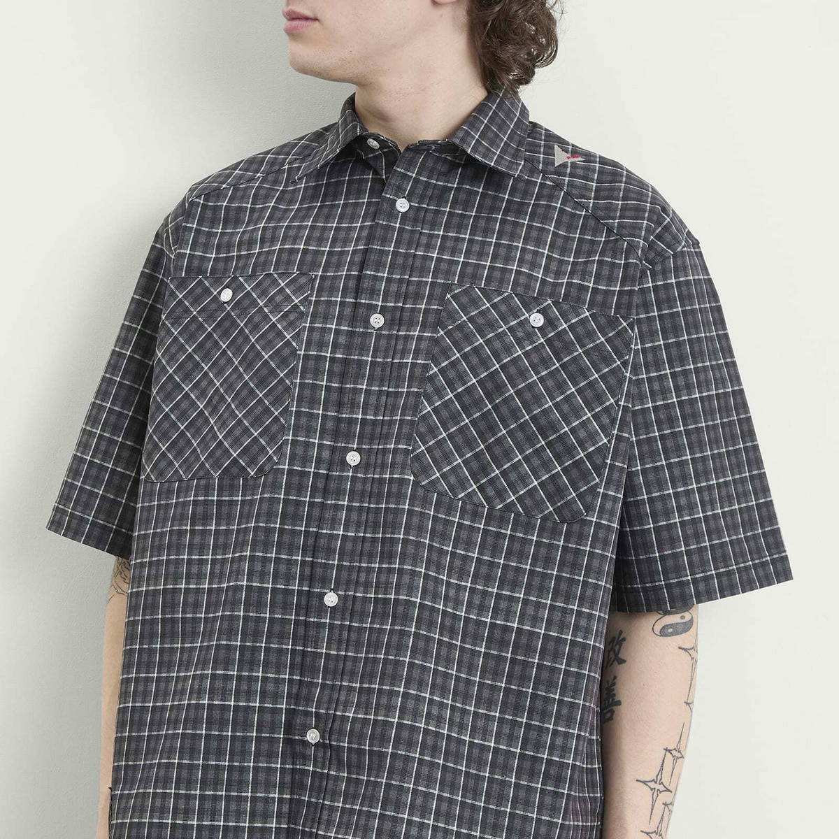 ROA Men's Aair Floweave Printed Check Short Sleeve Shirt in Grey