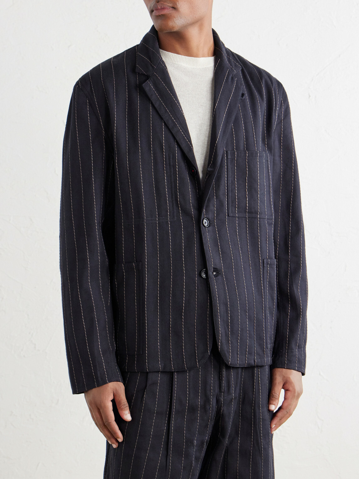 Kardo - Somesh Embroidered Striped Herringbone Cotton Suit Jacket - Blue