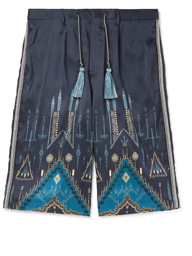 Photo: Etro - Straight-Leg Webbing-Trimmed Printed Silk-Satin Drawstring Shorts - Blue