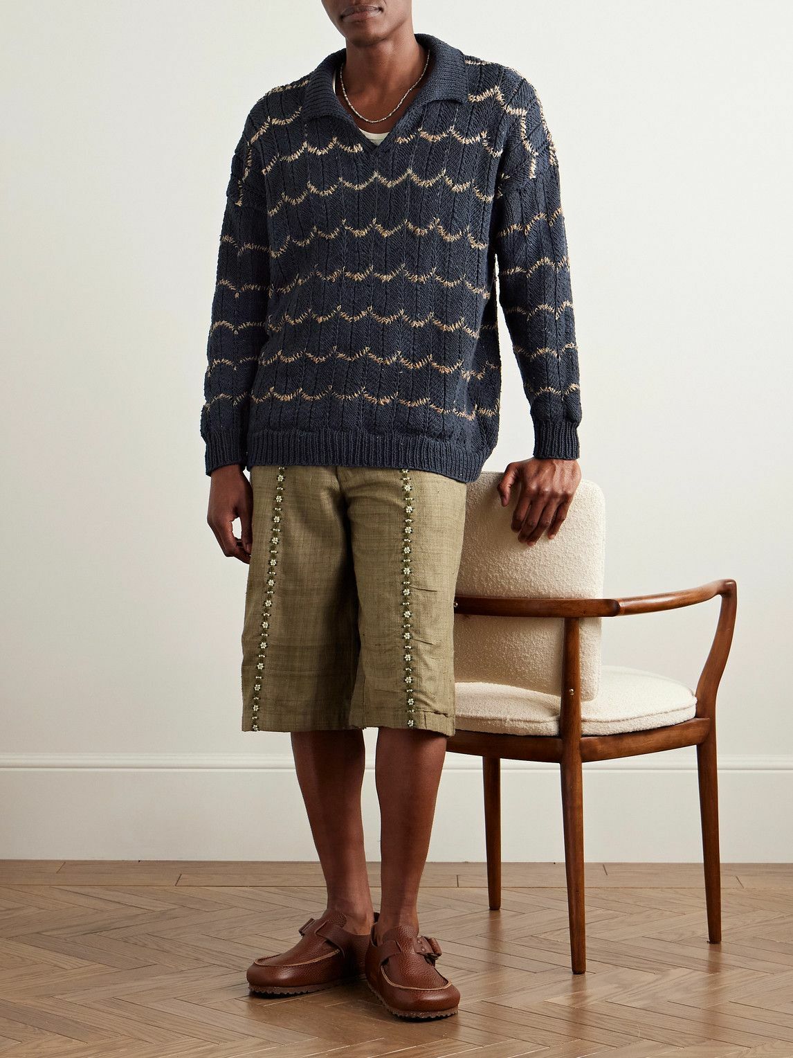 Kartik Research - Open-Knit Intarsia Cotton Polo Shirt - Blue