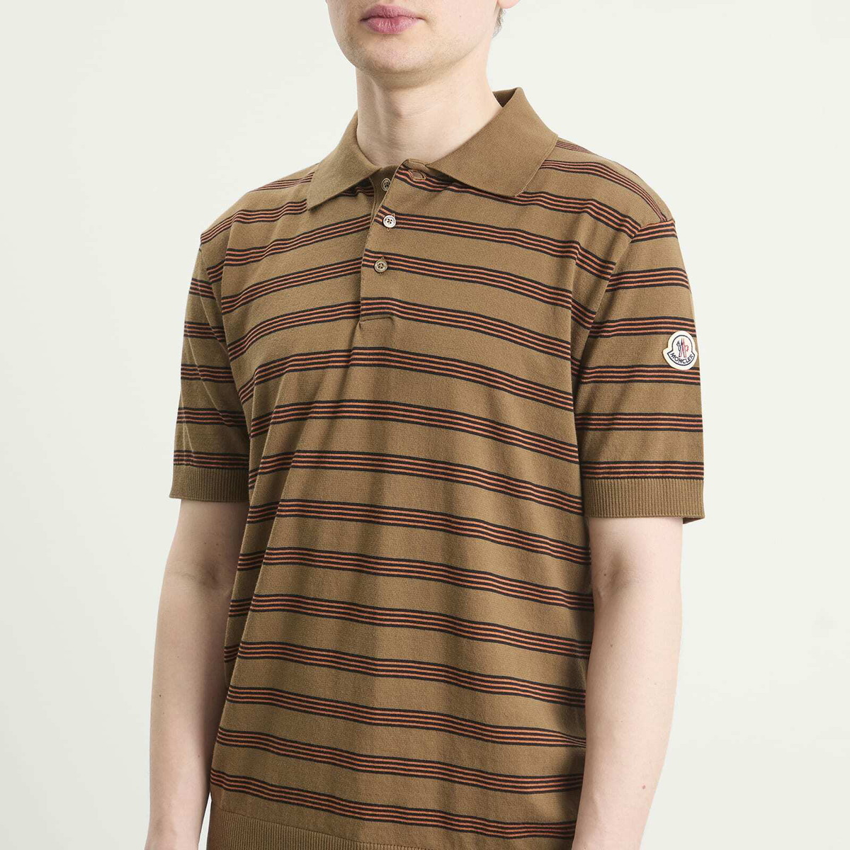 Moncler Men's Stripe Short Sleeve Knitted Polo in Brown