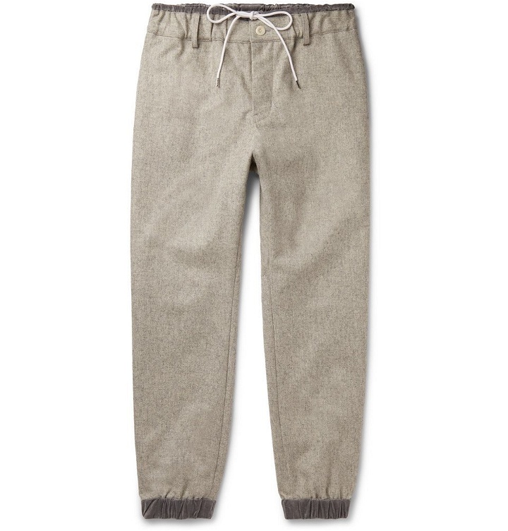Photo: Sacai - Slim-Fit Tapered Mélange Melton Wool-Blend Trousers - Stone
