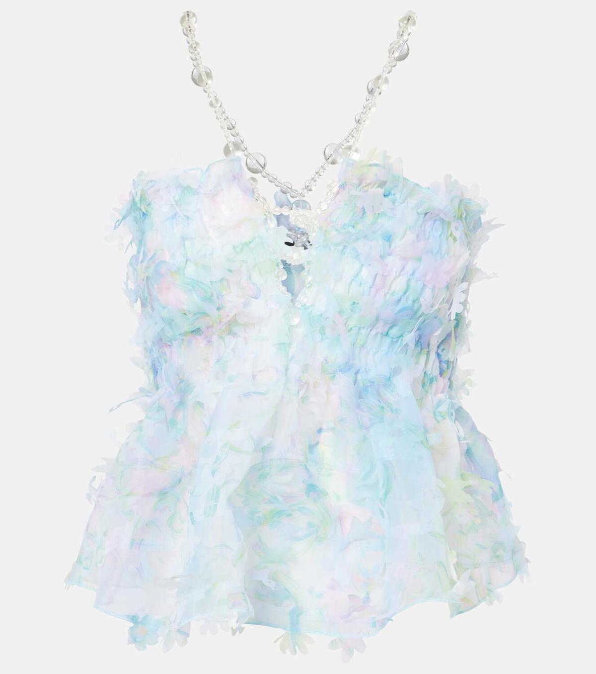Susan Fang Floral-appliqué smocked tulle top