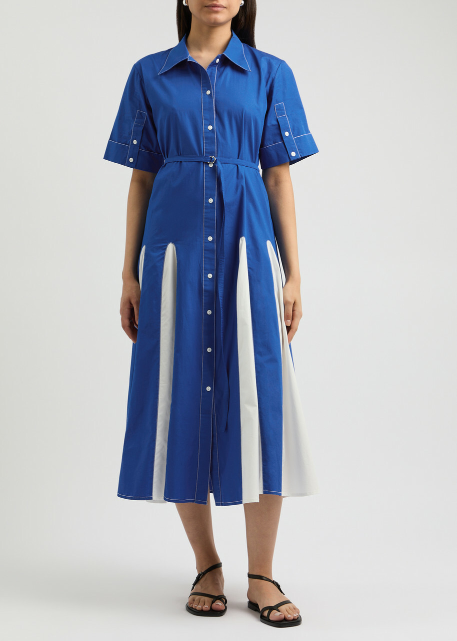 Lovebirds Colour-blocked Cotton-poplin Midi Shirt Dress Blue And White