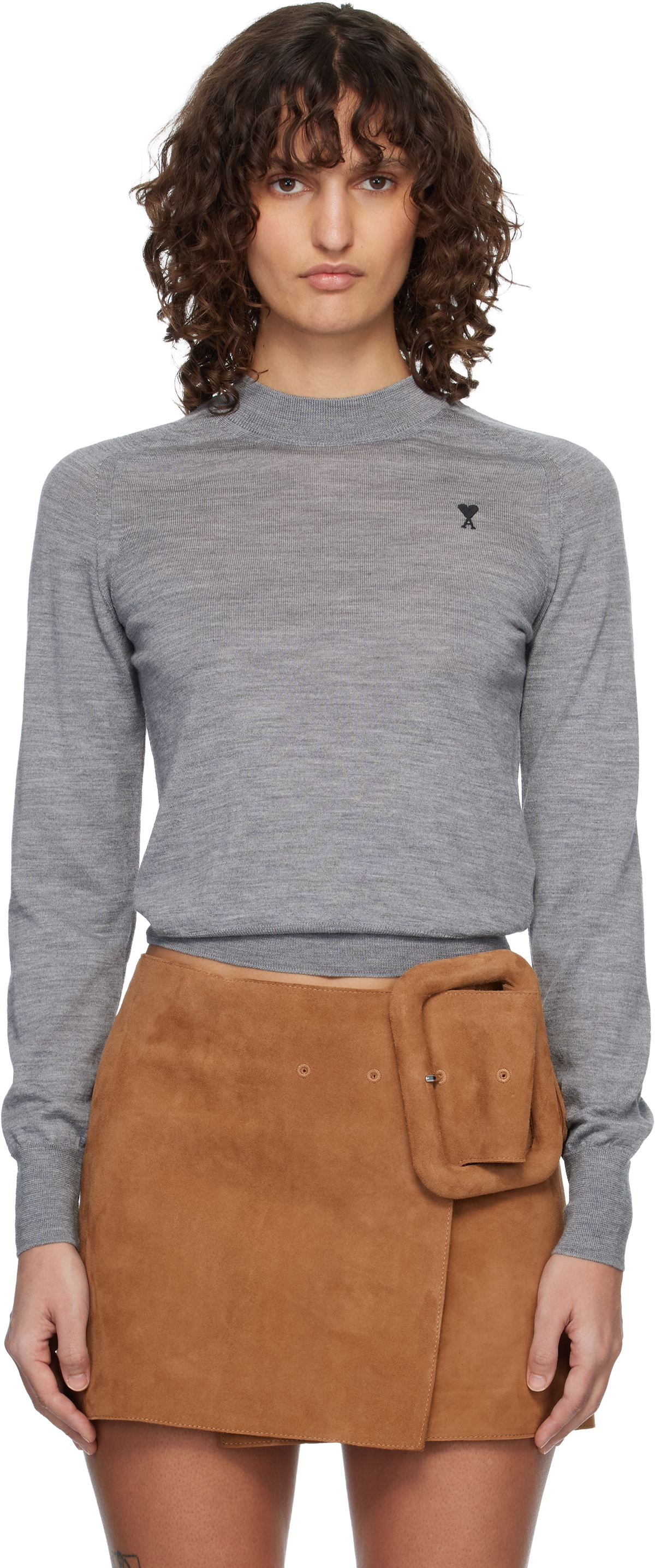 AMI Paris Gray Wool Crewneck Ami de Coeur Sweater