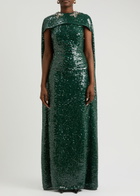 Erdem Sequin-embellished Cape-effect Chiffon Gown Green Dark