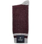Corgi - Striped Ribbed Merino Wool, Silk and Cashmere-Blend Socks - Burgundy